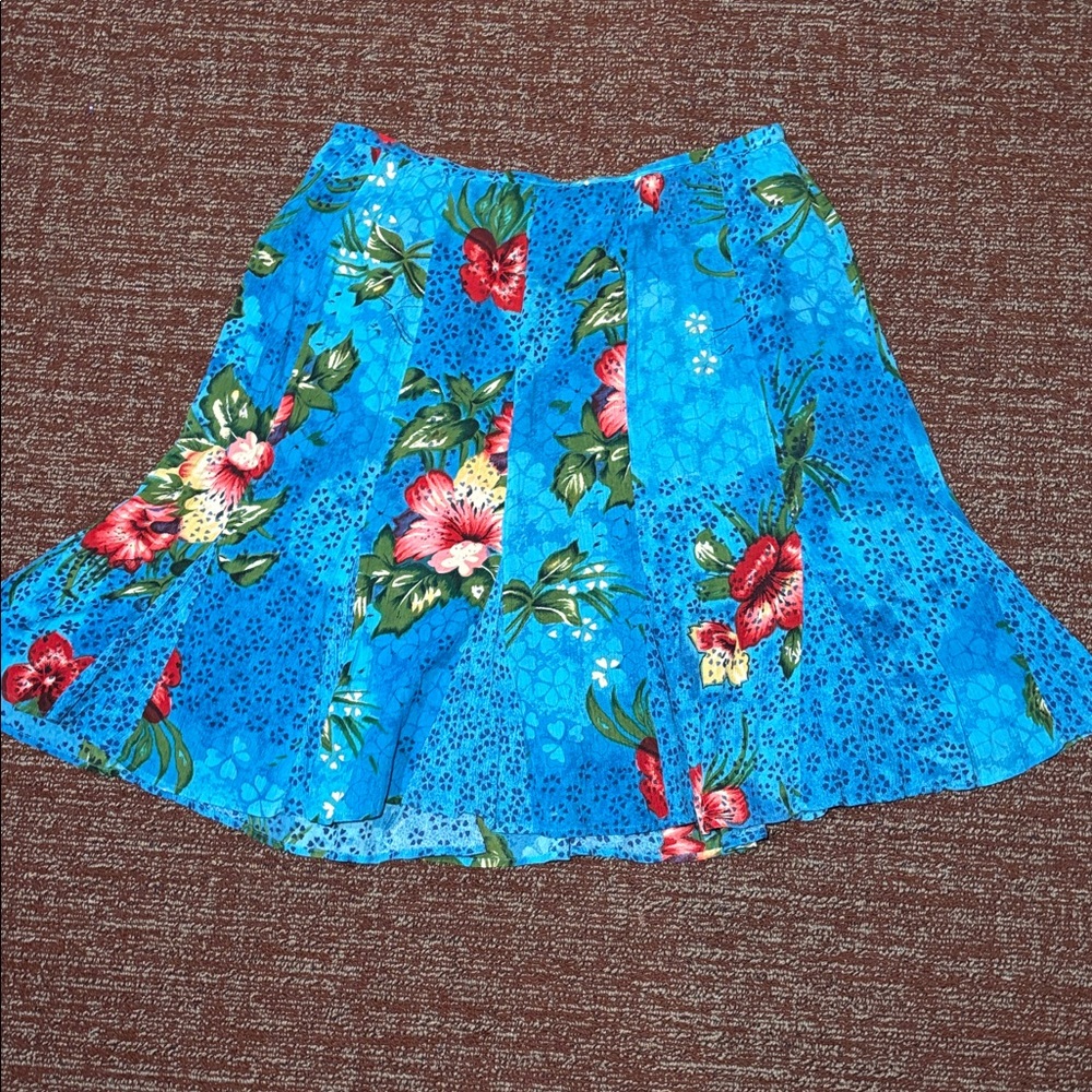 BILA vintage capri blue hibiscus crepe ruffle a line skirt women’s XL - Picture 2 of 12